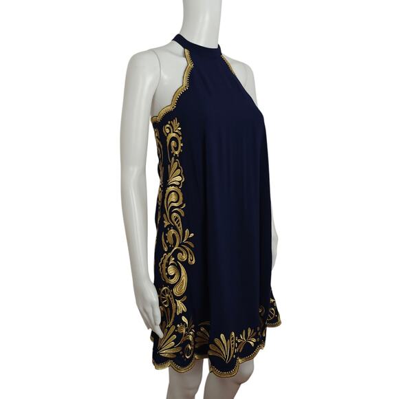 Lilly Pulitzer Quinn Halter Swing Dress Size XXS Navy Blue Gold Embroidery Lined - Picture 4 of 12